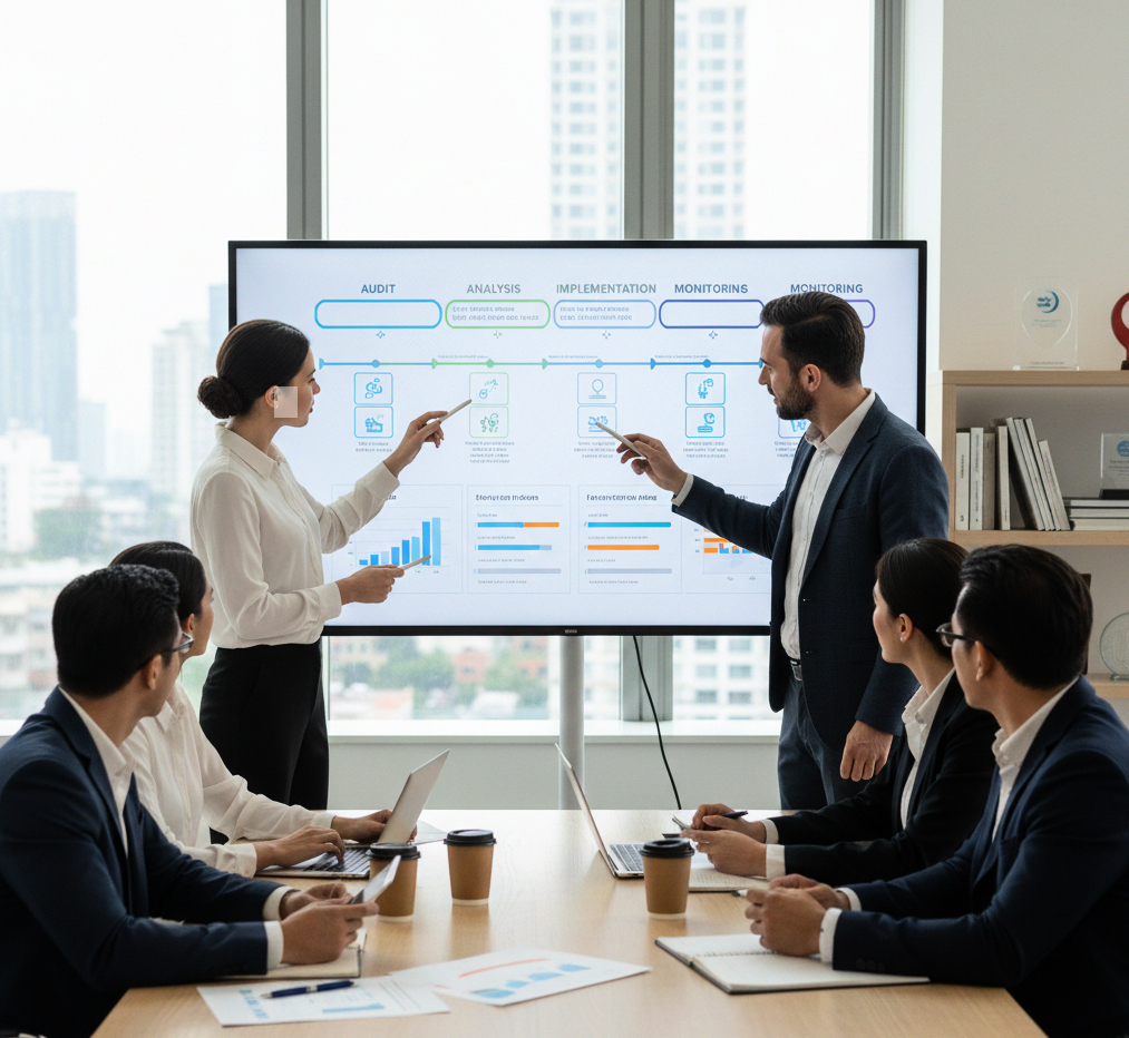 Equipo directivo revisando KPIs de capacitación y desarrollo corporativo